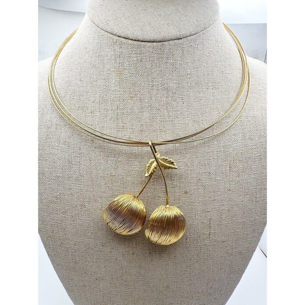 Vintage Omega Wire Cherry Pendant Collar Necklace 16” Gold Tone